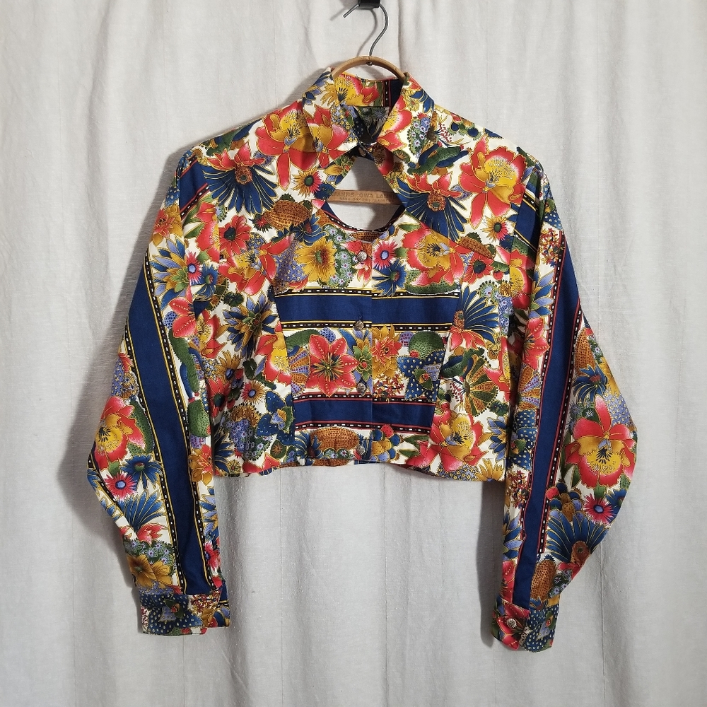 Vintage Floral Stripe Boho Western Cropped Jacket Cutout Button Shirt Top Medium